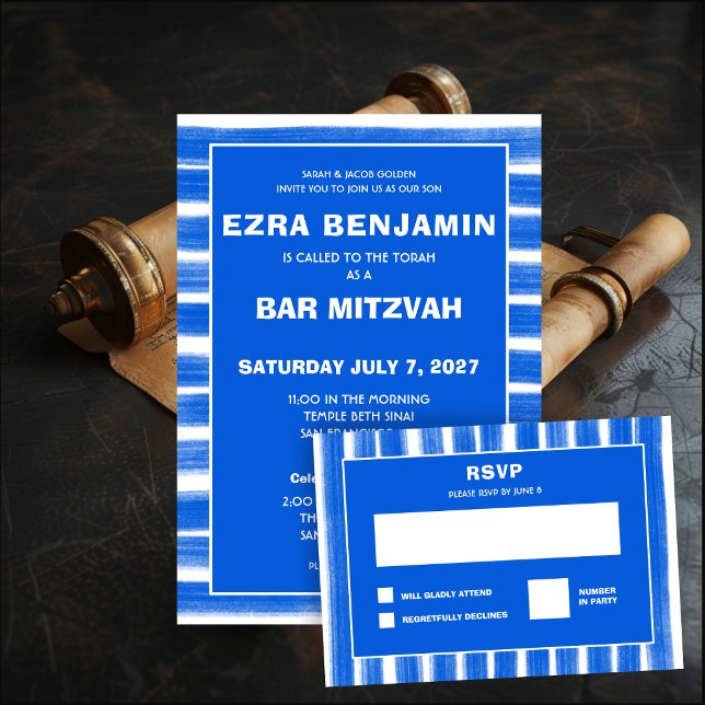 Cartons Réponse Brosse Bleu Bat mitzvah de la barre personnalisée (Brushstrokes Stripes Blue Custom Bar Bat Mitzvah RSVP Card
)