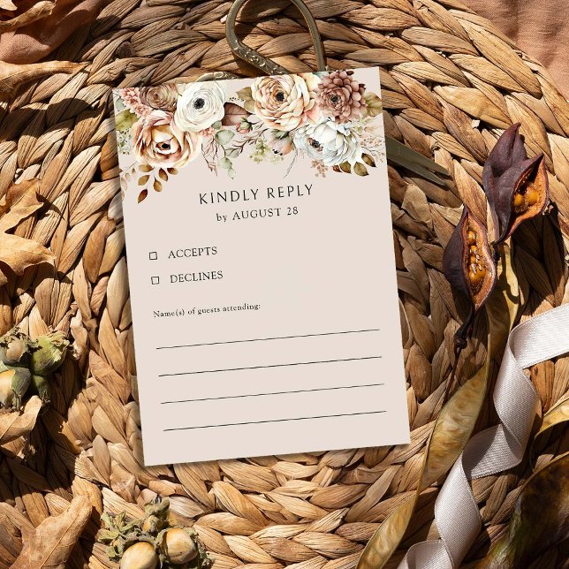 Cartons Réponse Brown floral rustique Mariage campagnard neutre (RSVP card rom the Rustic Floral Brown Neutral Wedding Collection by Darling & May)