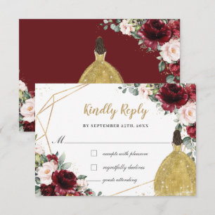Cartons Réponse Burgundy Blush Floral Quinceañera Gold Princess 