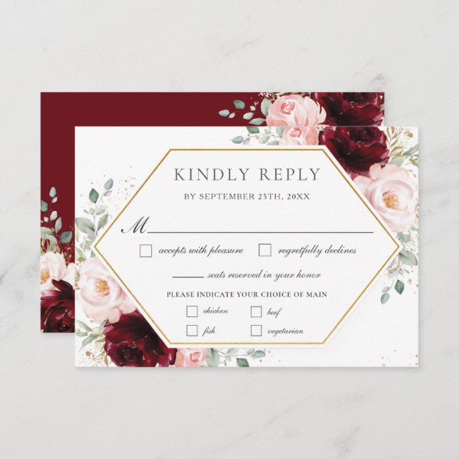 Cartons Réponse Burgundy Blush Rose Floral Vert Mariage Repas (Devant / Derrière)