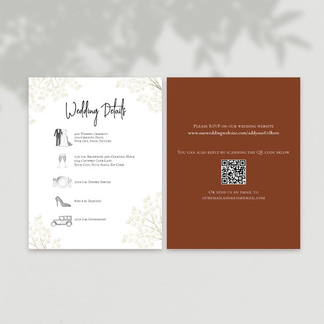 Cartons Réponse Burgundy Floral Détails du Mariage Timeline (Burgundy wedding details card with a scannable QR code. )