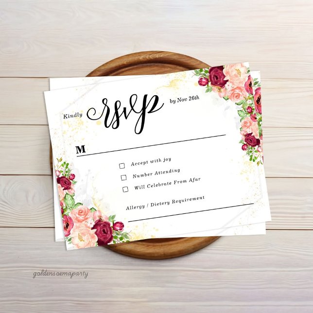 Cartons Réponse Burgundy Floral Gold Polygonal Geometric Wedding (Burgundy Floral Gold Polygonal Geometric Wedding RSVP card)