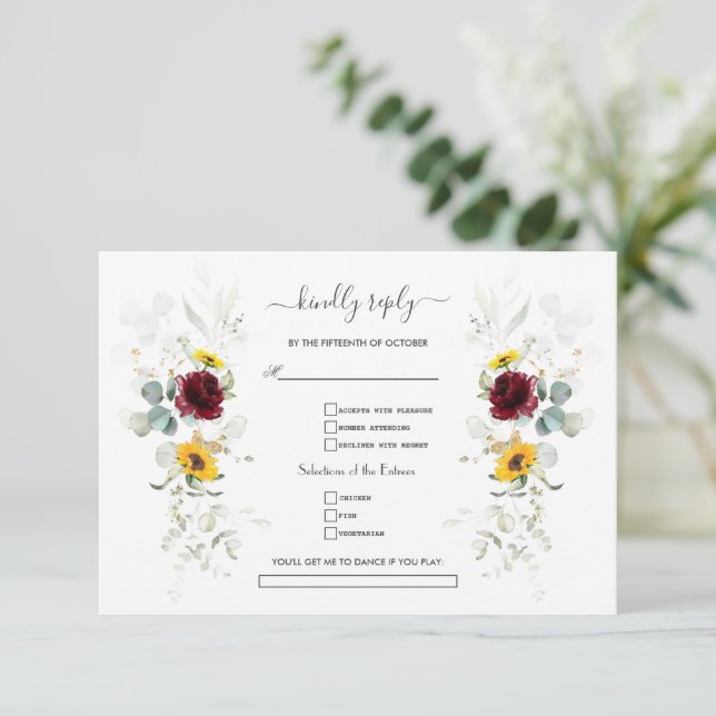 Cartons Réponse Burgundy Floral Sunflowers Airy Leaves Wedding    (Debout devant)