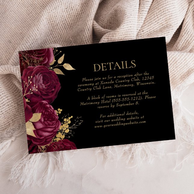 Cartons Réponse Burgundy Gold Floral Black Détails sur le Mariage (Créateur téléchargé)