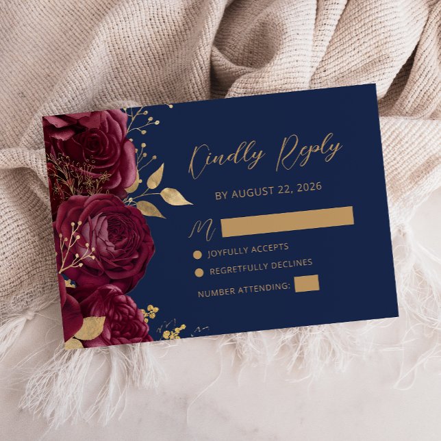Cartons Réponse Burgundy Gold Floral Script Navy Blue Wedding (Créateur téléchargé)