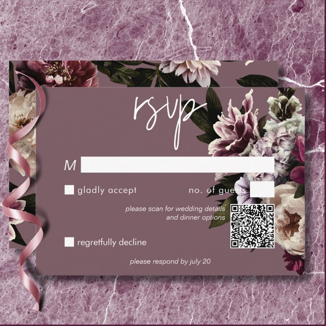 Cartons Réponse Burgundy moderne et pivoines de crème Code QR flor (Modern Burgundy & Cream Peonies Floral QR Code RSVP Card)