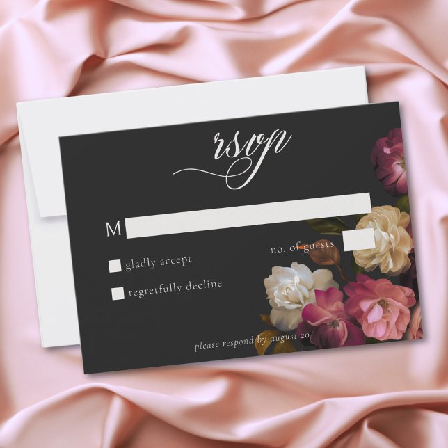 Cartons Réponse Burgundy & Pink Romantic Rose Black Moody Wedding (Burgundy & Pink Romantic Rose Black Moody Wedding RSVP Card)