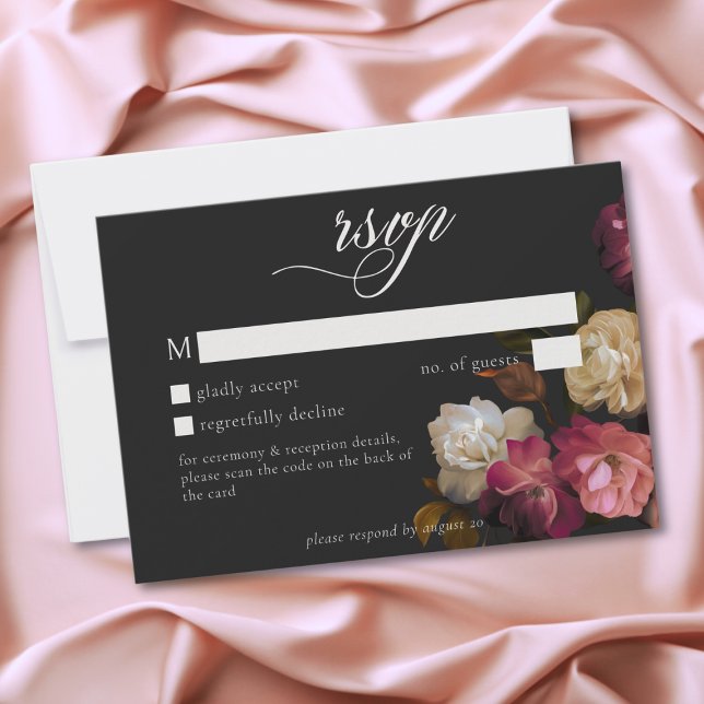 Cartons Réponse Burgundy Pink Romantic Rose Black Moody Wedding QR (Burgundy & Pink Romantic Rose Black Moody Wedding QR RSVP Card)