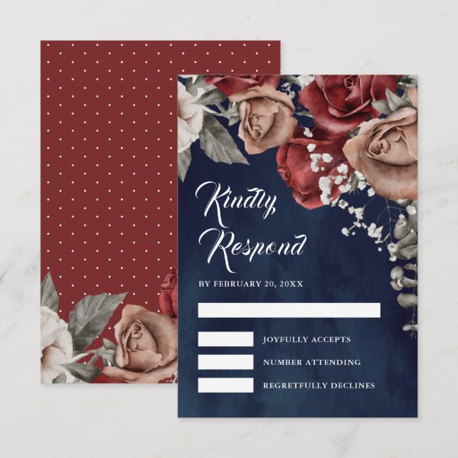 Cartons Réponse Burgundy Red Roses Floral Navy Blue Wedding (Devant / Derrière)