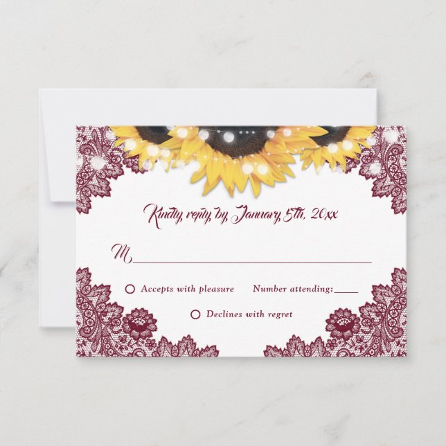 Cartons Réponse Burgundy Sunflower Lace Burlap Hearts Wedding (Devant)
