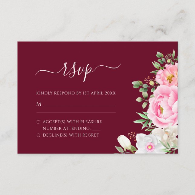 Cartons Réponse Burgundy Watercolor Floral Elegant Wedding (Devant)