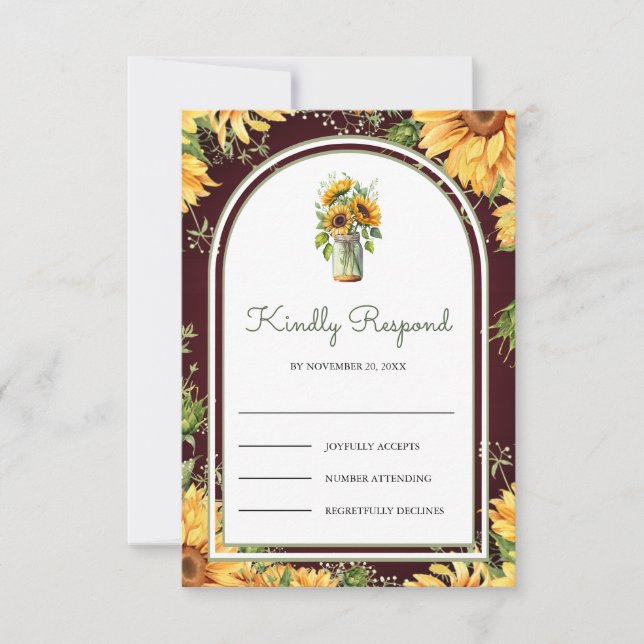 Cartons Réponse Burgundy Wood Sunflowers Mason Jar Arch Wedding (Devant)