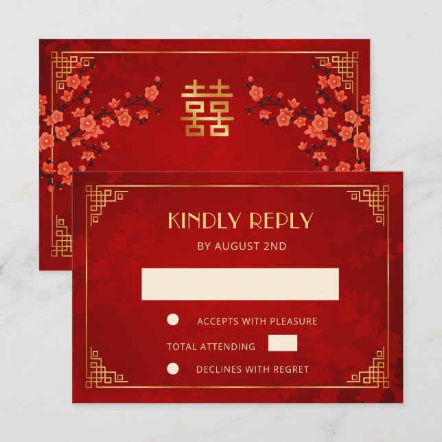 Cartons Réponse Cadre Fleur Rouge Mariage Chinois (Devant / Derrière)