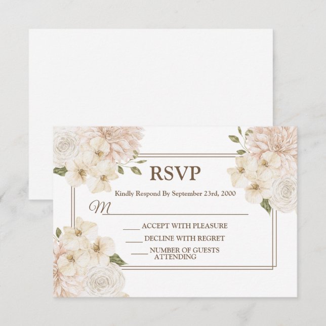 Cartons Réponse Cadre Floral Rose Blanc Fête de Mariage Moderne (Devant / Derrière)