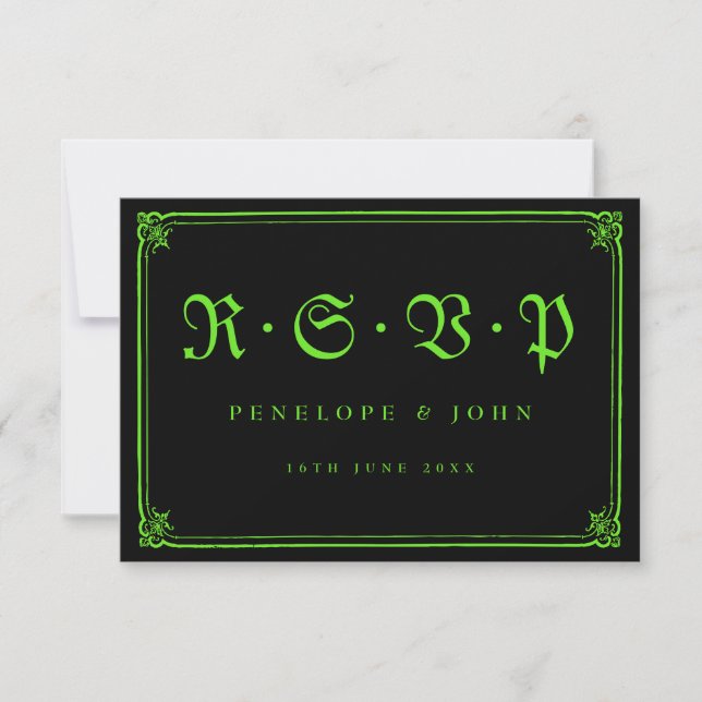 Cartons Réponse Cadre gothique Vert Black Typographie Mariage (Devant)