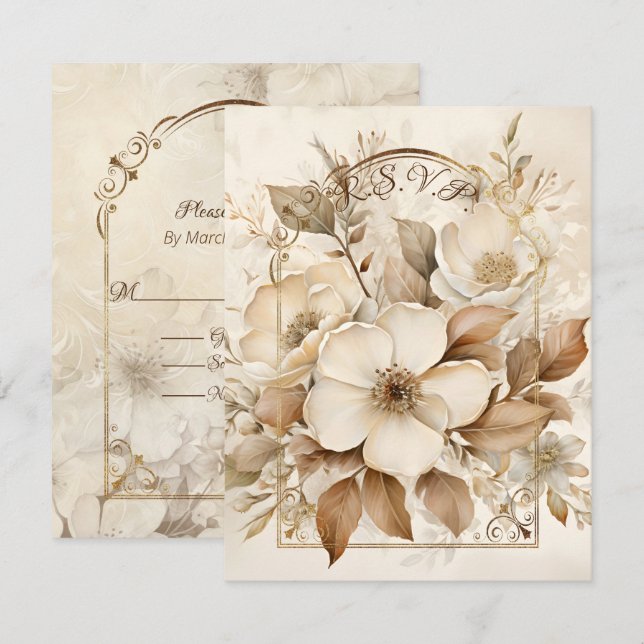 Cartons Réponse Cadre Or avec Roses Marron Monotone et Blanches (Devant / Derrière)