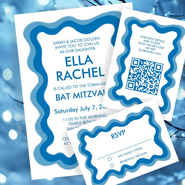 Cartons Réponse Cadre Wavy Frame Moderne Chic Bat mitzvah de barre (Wavy Frame Modern Chic Custom Bar Bat Mitzvah RSVP Card
)