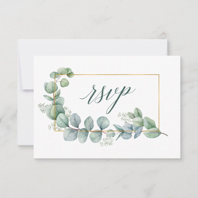 Cartons Réponse Calligraphie Eucalyptus Green Mariage Gold Frame (Devant)