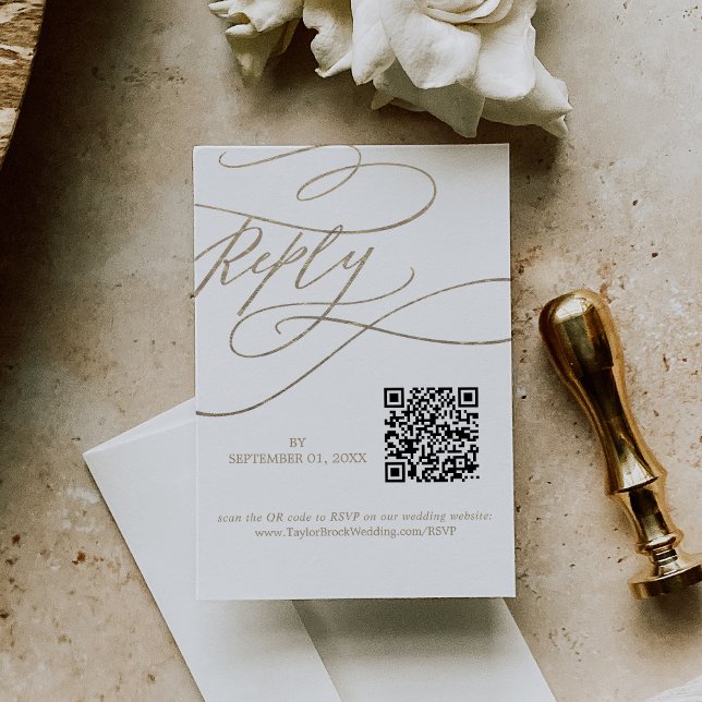 Cartons Réponse Calligraphie romantique QR Code Gold Mariage (Romantic Calligraphy QR Code Gold Wedding RSVP Card)