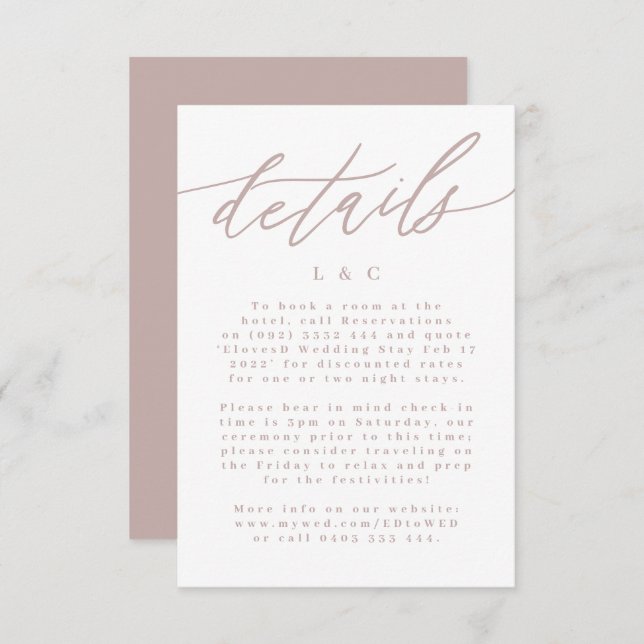 Cartons Réponse Calligraphie rose moderne Détails du Mariage (Devant / Derrière)