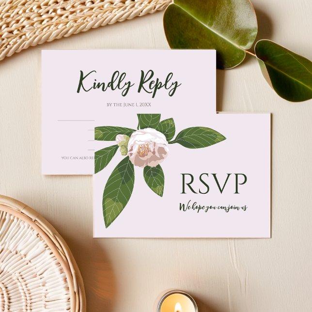 Cartons Réponse Camellia et verdure Simple Élégant (Camellia and Greenery Simple Elegant Save the Date RSVP Card)