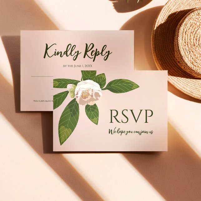 Cartons Réponse Camellia et verdure Simple Élégant (Camellia and Greenery Simple Elegant Save the Date RSVP Card)