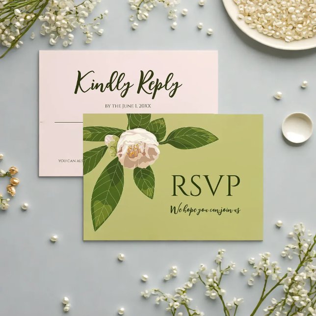 Cartons Réponse Camellia et verdure Simple Élégant (Camellia and Greenery Simple Elegant Save the Date RSVP Card)