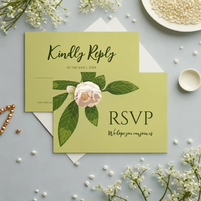 Cartons Réponse Camellia et verdure Simple Élégant (Camellia and Greenery Simple Elegant Save the Date RSVP Card)