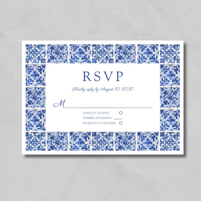 Cartons Réponse Carreaux Bleus Élégants Mariage (Elegant Blue Tiles Wedding RSVP Card)