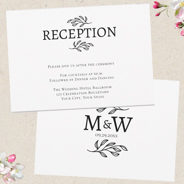 Cartons Réponse Carton de réception des initiales du monogramme du (Wedding reception enclosure card with couple monogram initials and botanical leaf line art)