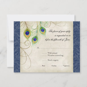 Cartons Réponse Carton d'invitation de mariage bleu royal à plumes
