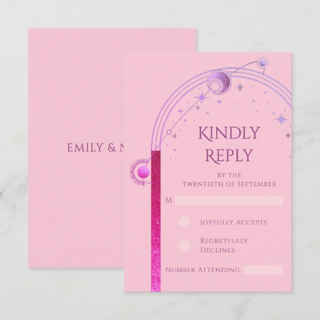 Cartons Réponse Céleste rose violet soleil Lune étoiles Mariage (Devant / Derrière)