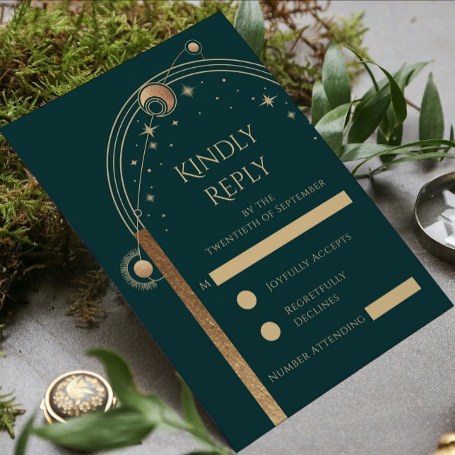 Cartons Réponse Céleste Vert Or Soleil Lune Étoiles Mariage (Créateur téléchargé)