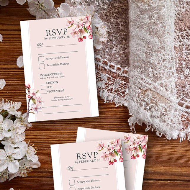 Cartons Réponse Cerisier Fleur rose Mariage Entree et (Wedding RSVP card from the Cherry Blossom Wedding Collection by Darling & May)