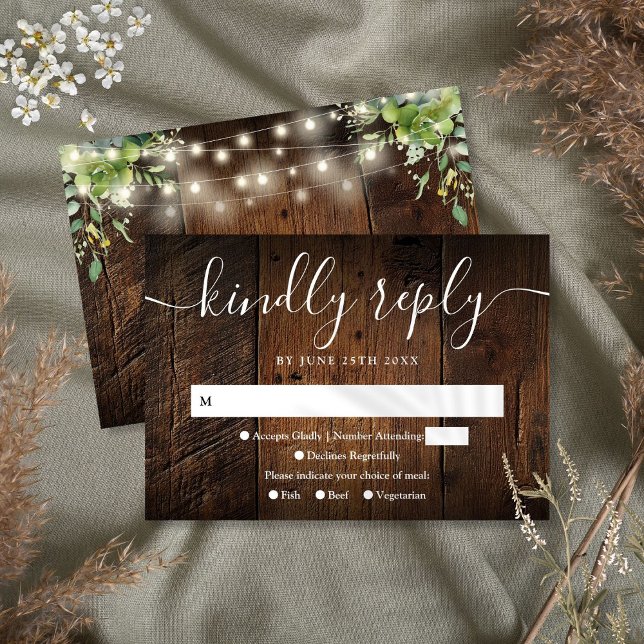 Cartons Réponse Chaîne éclaire Bois rustique vert Boho Mariage (String Lights Rustic Wood Greenery Boho Wedding RSVP Card)