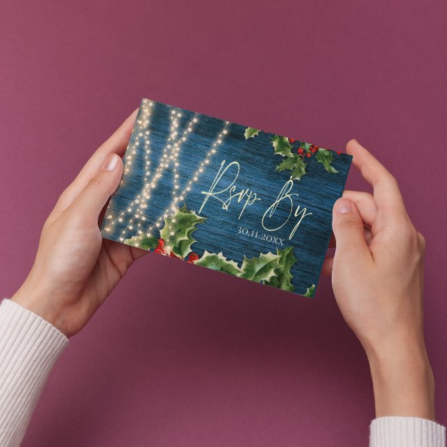 Cartons Réponse Chaîne en bois bleu illuminations Mariage de Noël  (Blue Wood String Lights Christmas Wedding RSVP )