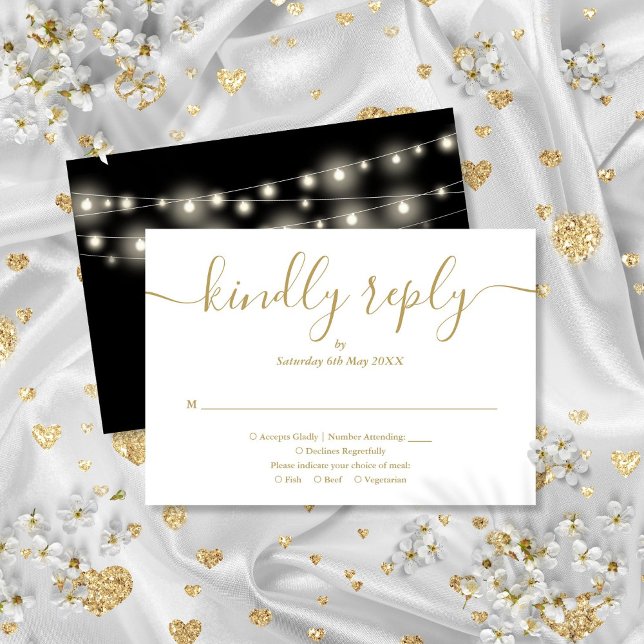 Cartons Réponse Chaîne Lights Black Et Gold Script Repas Choix (String Lights Black And Gold Script Meal Choice RSVP Card)