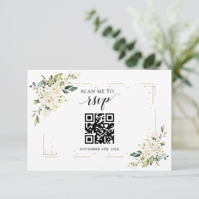 Cartons Réponse Charme Blanc Floral Or QR Code Mariage (Debout devant)