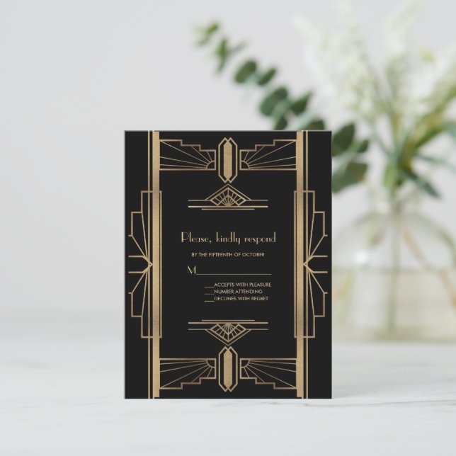Cartons Réponse Charming Roaring 20's Gold Black Art Déco Mariage (Debout devant)