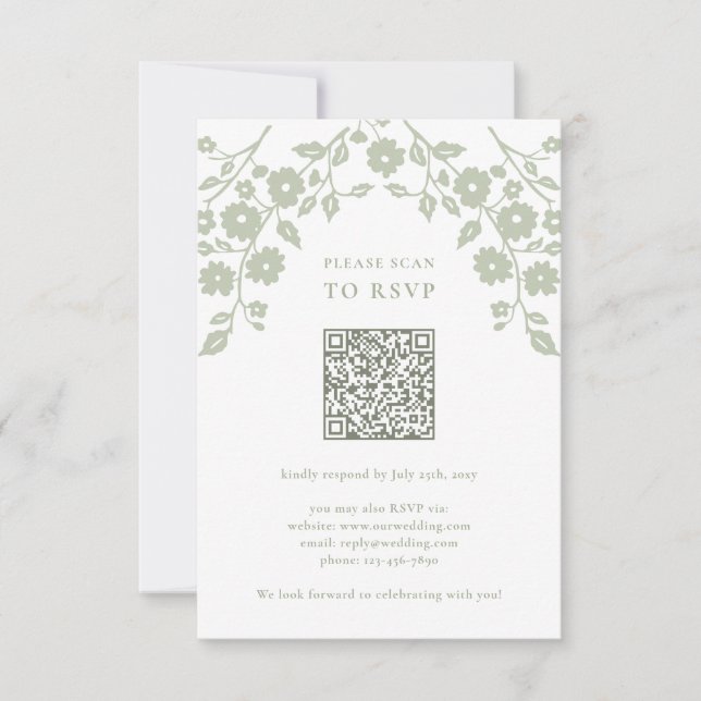 Cartons Réponse Charming Sage Green Folk Flowers QR Code (Devant)