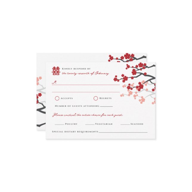 Cartons Réponse Cherry Blossoms double bonheur Mariage chinois (Devant/Arrière en situation)