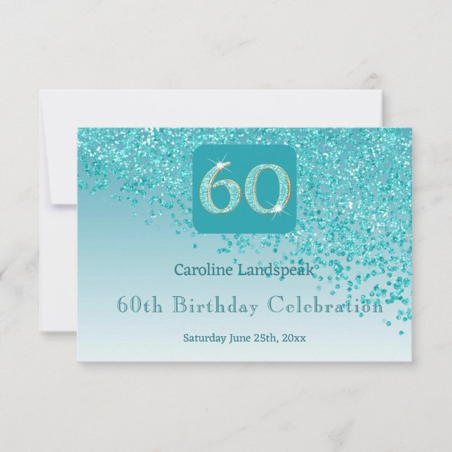Cartons Réponse Chic 60 Anniversaire Turquoise Parties scintillant (Devant)