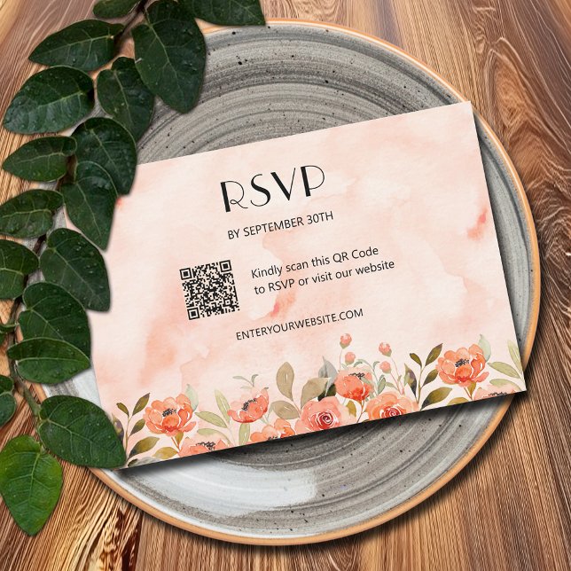Cartons Réponse Chic aquarelle Floral QR Code (Watercolor Orange Floral QR Code RSVP Cards)