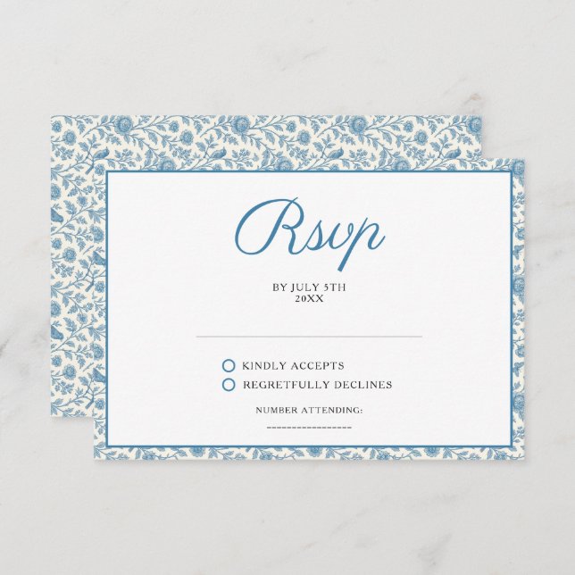 Cartons Réponse Chic Blue Toile de Jouy Floral Border Wedding (Devant / Derrière)