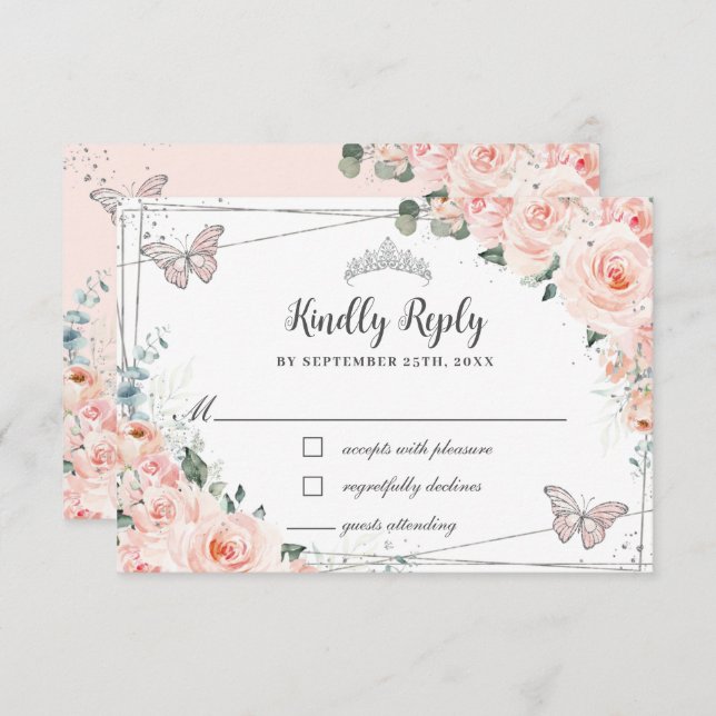 Cartons Réponse Chic Blush Floral Silver QUINCEAÑERA Papillons (Devant / Derrière)