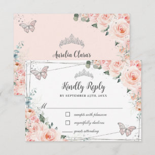 Cartons Réponse Chic Blush Floral Silver QUINCEAÑERA Papillons