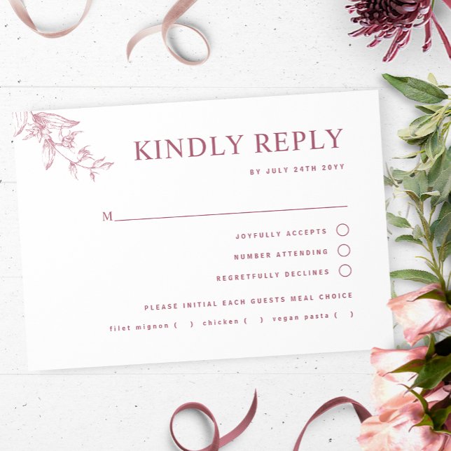 Cartons Réponse Chic Burgundy Mariage blanc avec/sans repas (Créateur téléchargé)