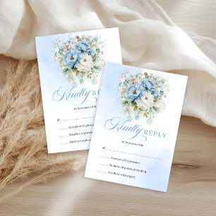 Cartons Réponse Chic Fleurs Bleues Blanches Eucalyptus Mariage R