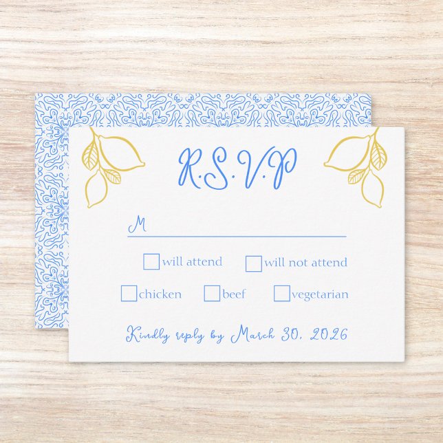 Cartons Réponse Chic Mariage italien citron bleu méditerranéen (Customize this chic lemon-themed RSVP card to match your Mediterranean-inspired wedding invitations.)