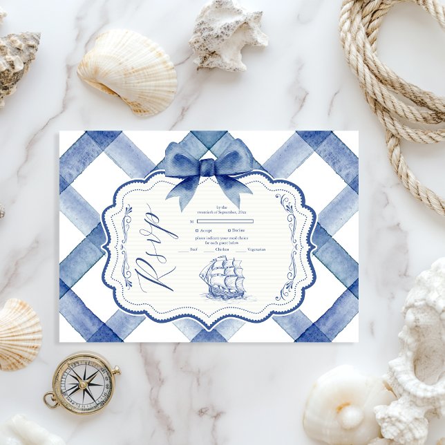 Cartons Réponse Chic Nautique Marine Mariage Bleu Bow (Créateur téléchargé)